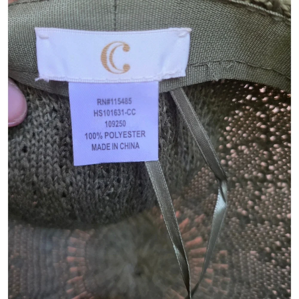 C.C. Floppy Sun Hat Women OS Olive Green Adjustable Open Knit Boho Wide Brim
